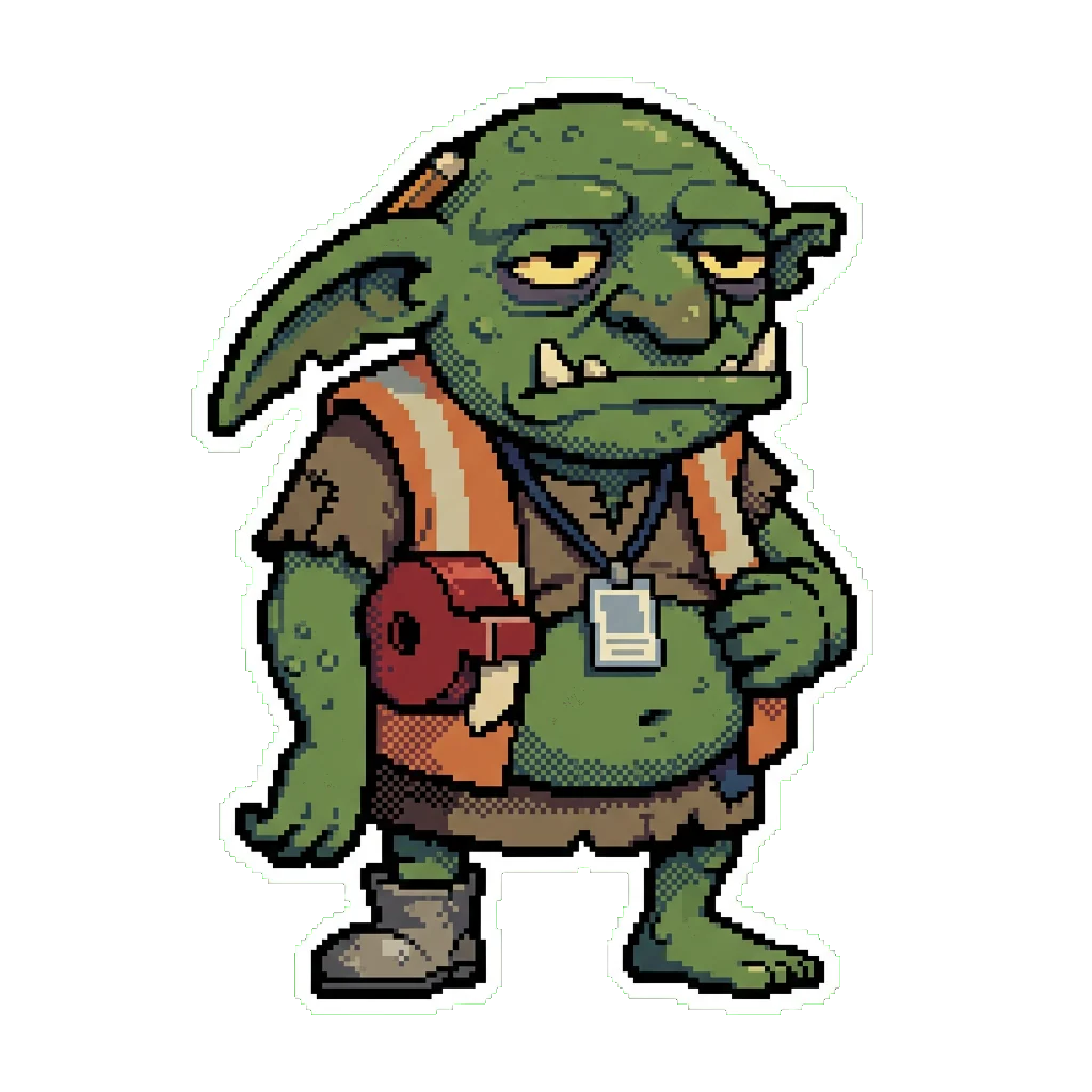 Grubb, a small goblin steward holding a ticket roll